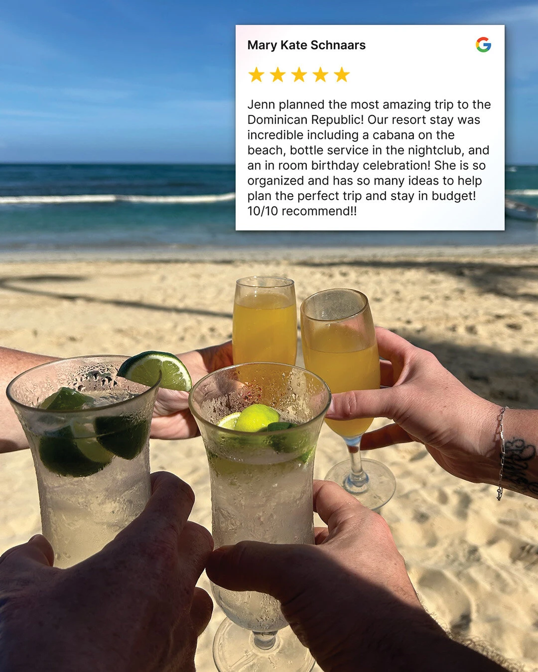 Five-star Google review from Mary Kate Schnaars praising Jenn's Dominican Republic all-inclusive trip planning, over a photo of the group toasting cocktails on the beach